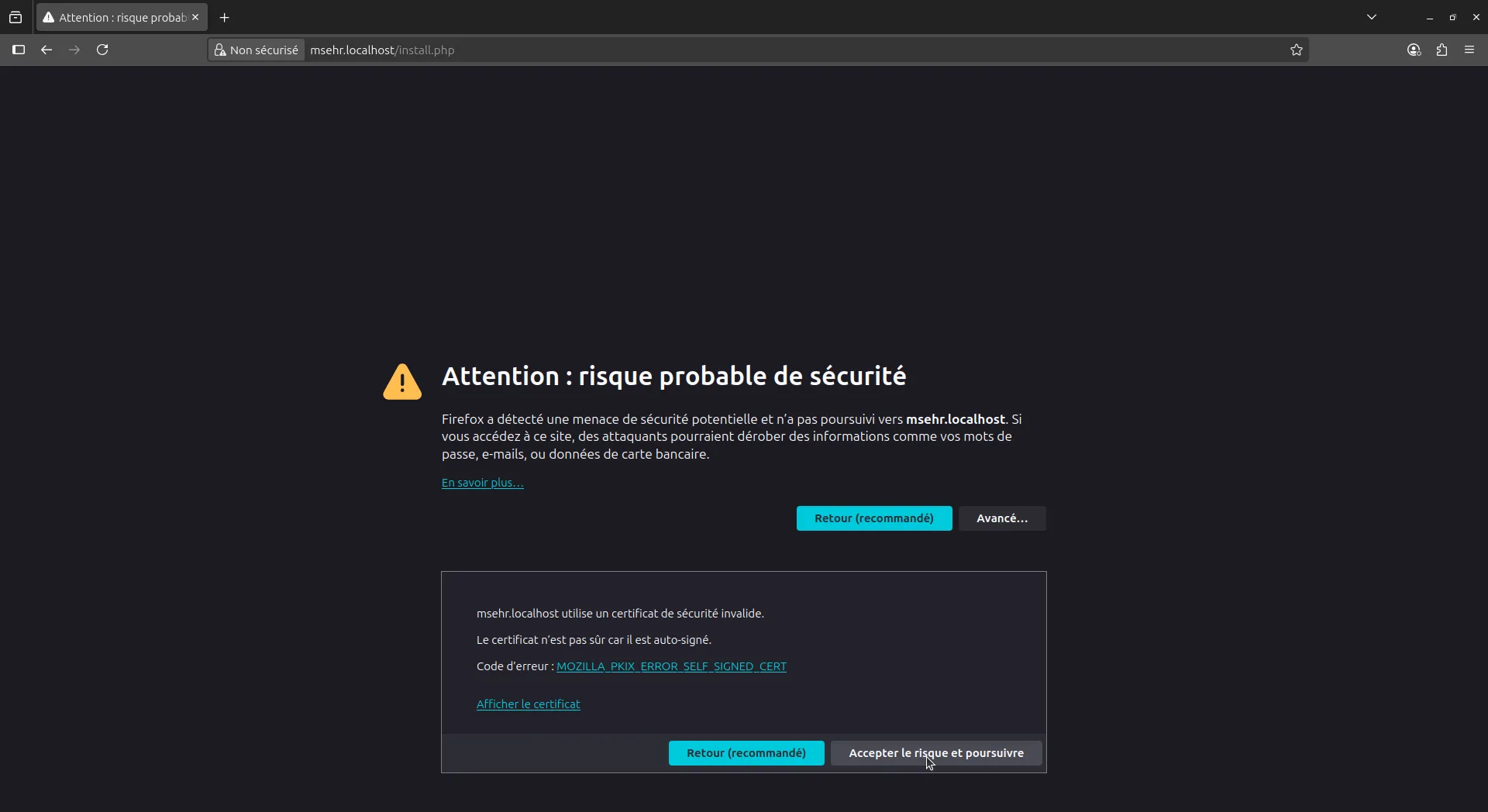 Ecran d'exception de Sécurité