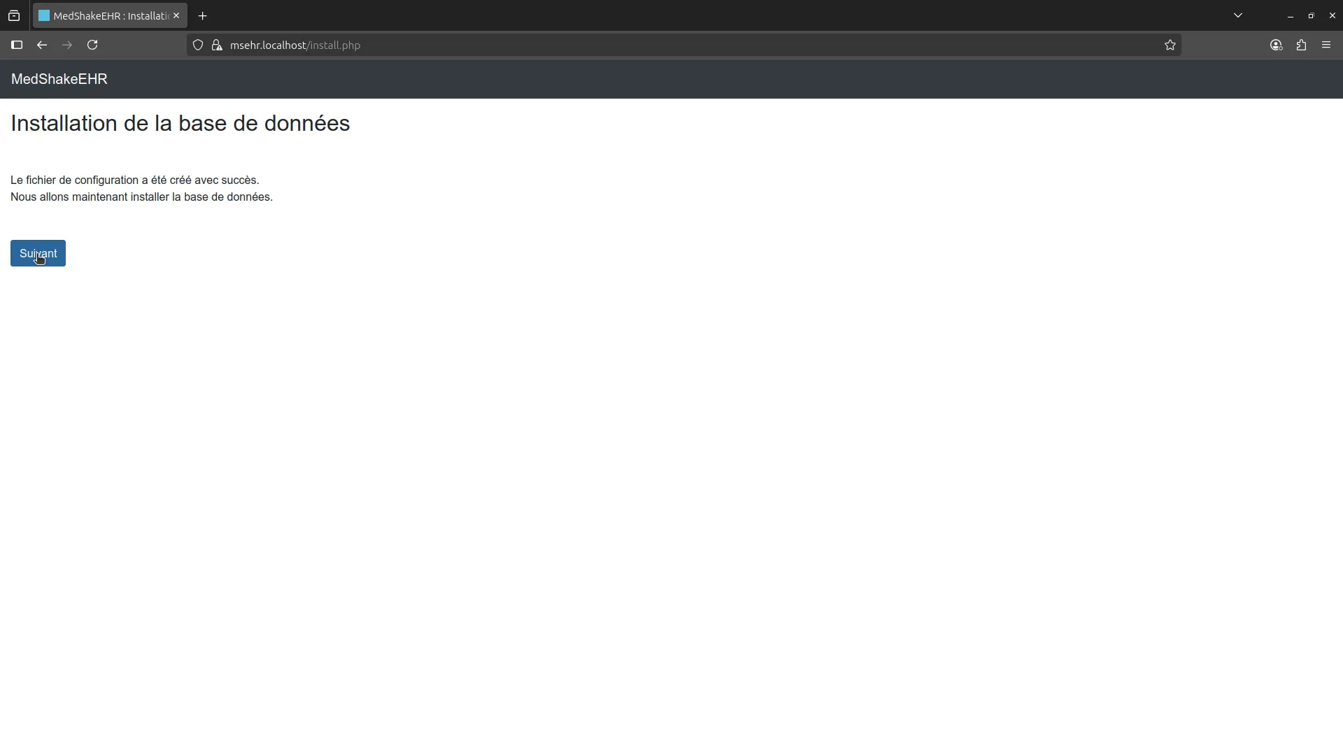 Ecran création base de données