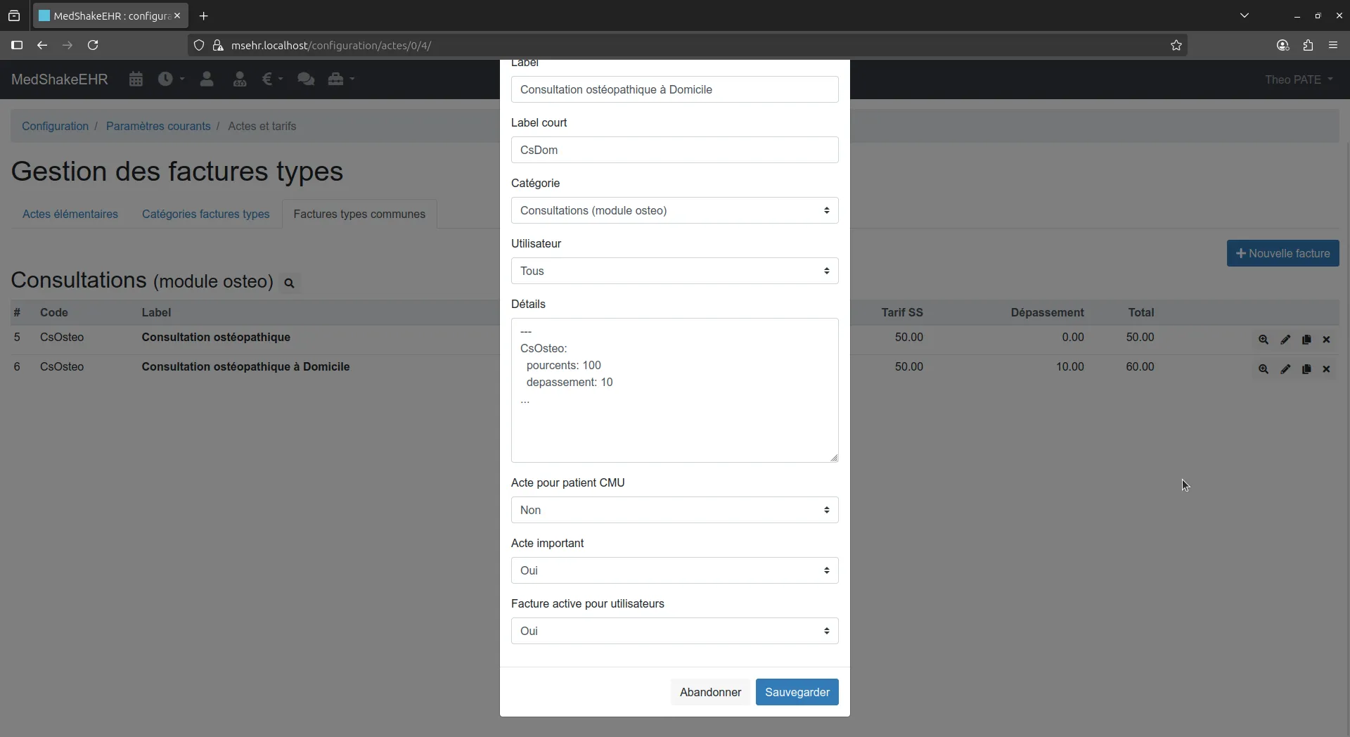 Modifier des honoraires spécifiques