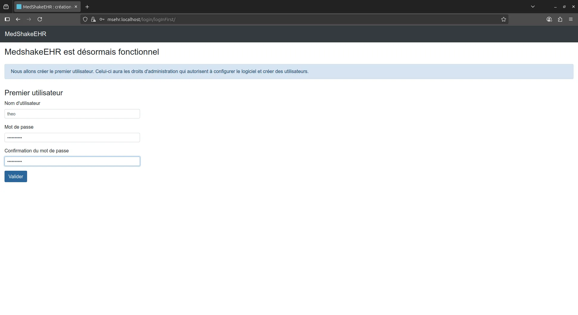 Ecran création base de données