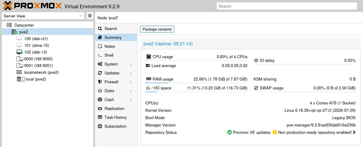 Interface Proxmox Virtual Environment sur Raspberry Pi